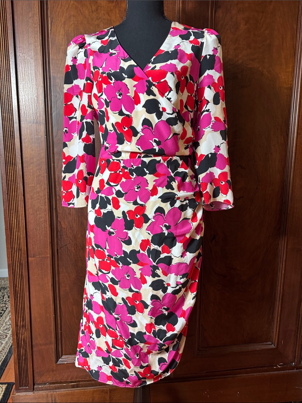 Milly Floral Midi Dress in Pink, Red & Black